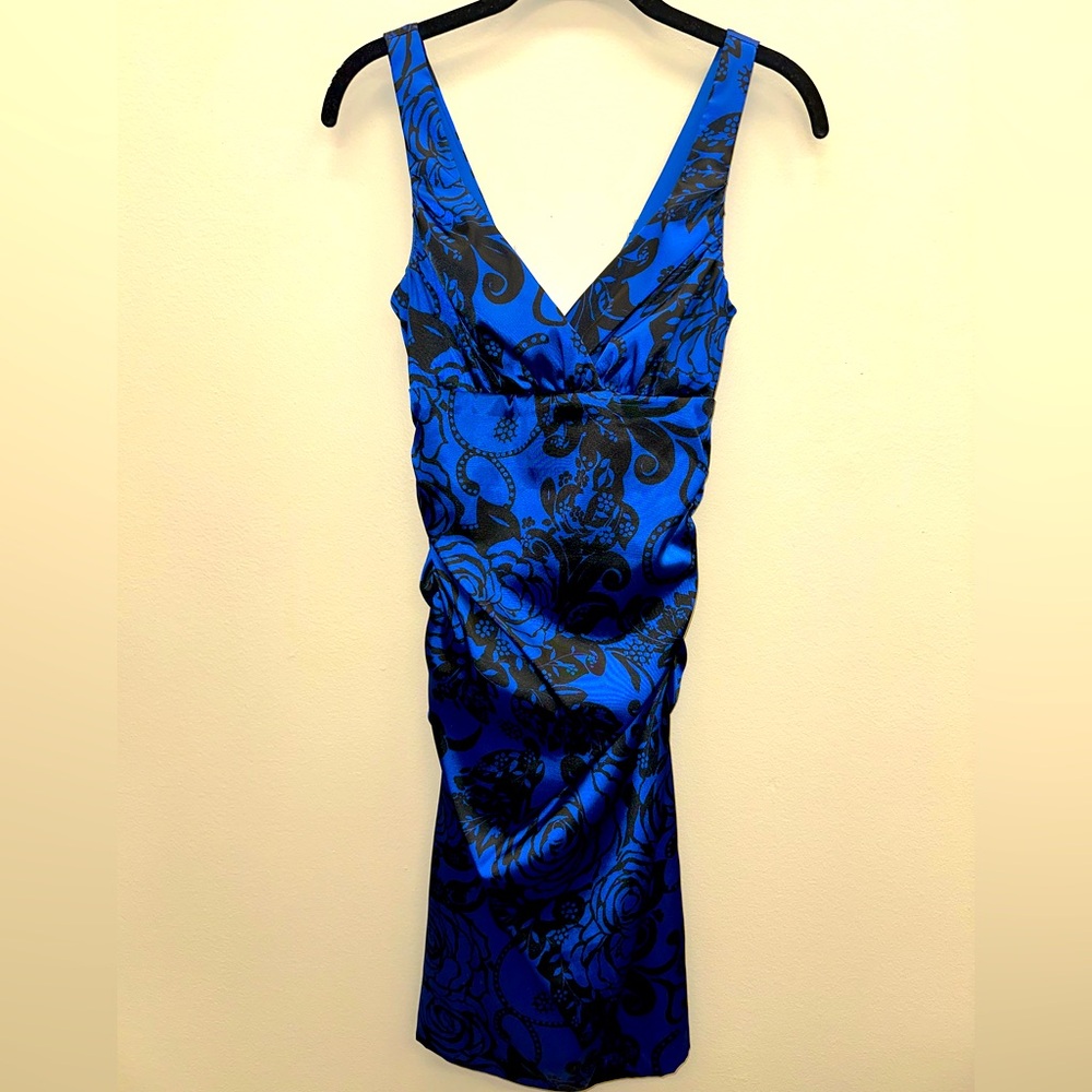 Windsor Satin Sleeveless Mini Dress Royal Blue With Black Pattern Size XS